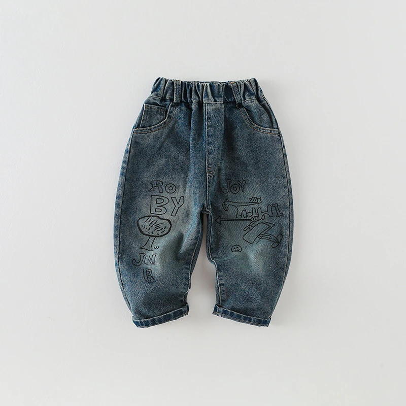 【博瑞妈】儿童牛仔裤春秋2024新款男童韩版休闲涂鸦裤子AK819