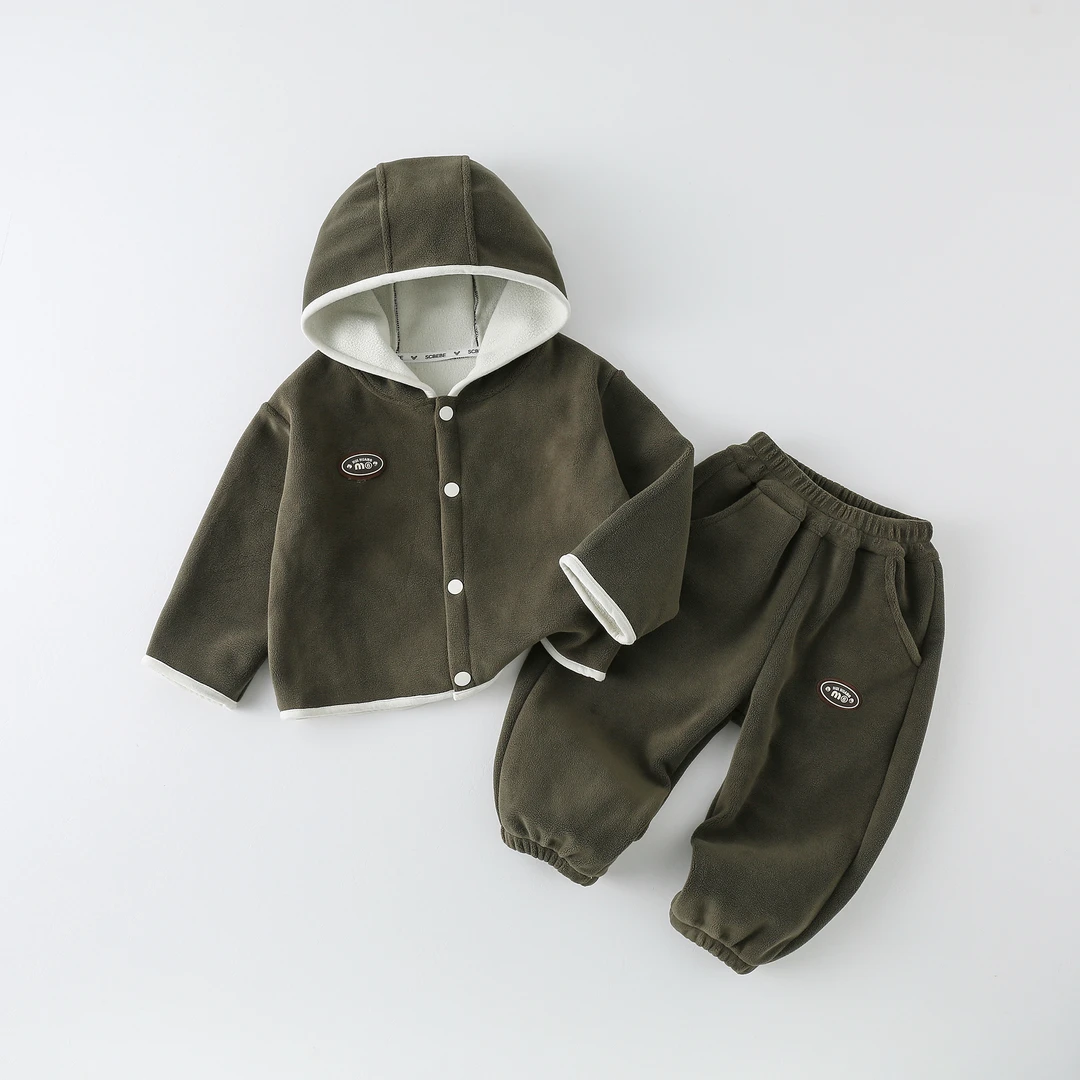 【现货】儿童加绒套装冬季2024新款男童纯色贴标两件套AT841