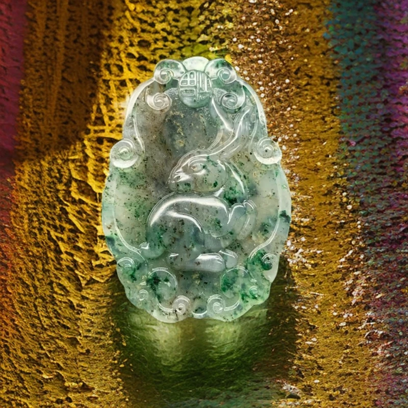 天然玉石南阳特色生肖兔子挂件吊坠A402 尺寸：49×35×7.8mm