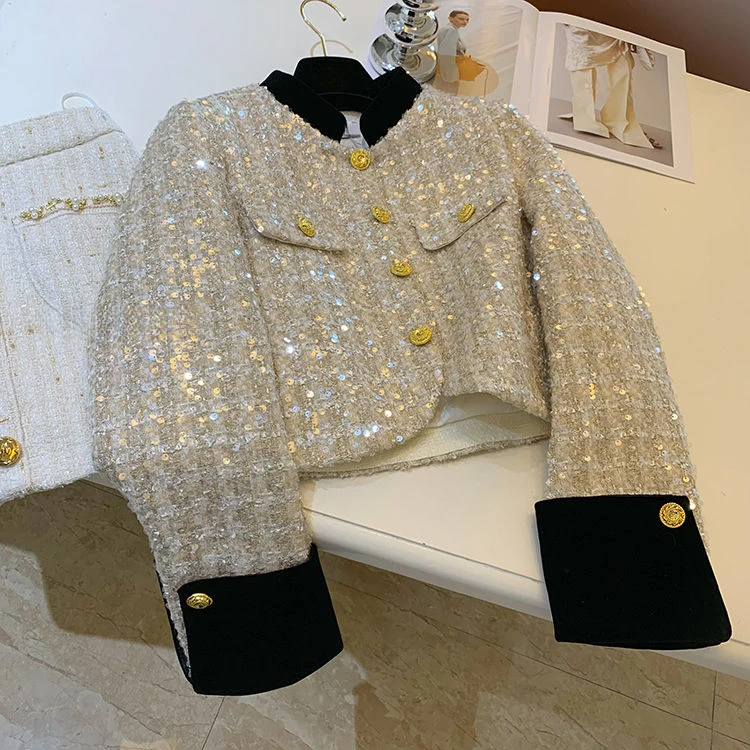 2025小香风加厚短外套财阀重工亮片短外套秋冬季新爆款粗花呢上衣