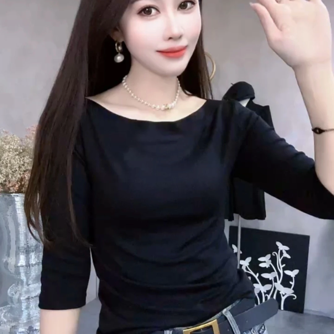 8820欧货重工细螺纹百搭一字领T恤2024夏新款修身显瘦中袖上衣潮