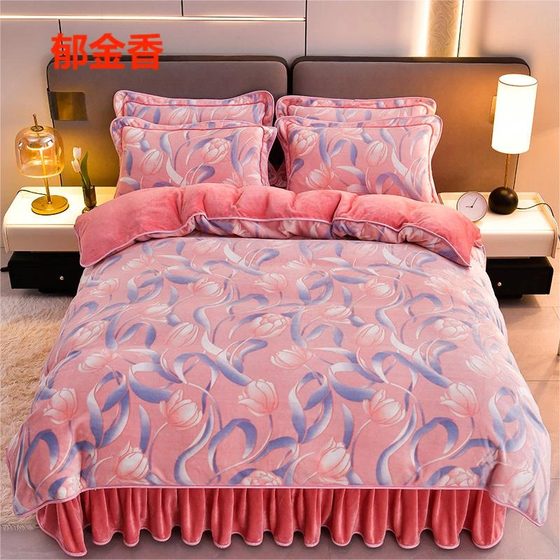 【活动中】2024双面冬季加绒加厚牛奶绒双人床裙款韩版保暖四件套