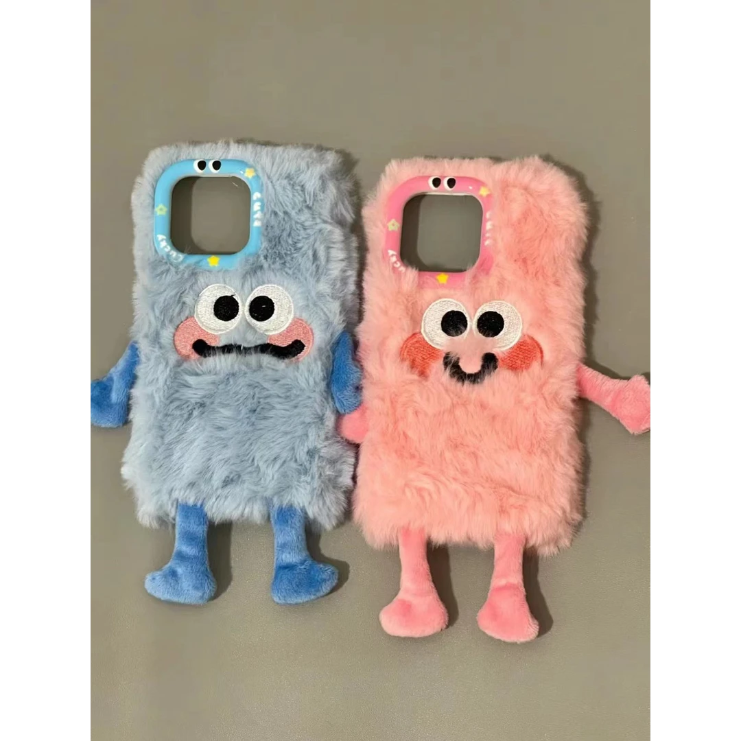 【尚选】牵手毛绒可爱情侣小人苹果适用手机壳防摔套少女卡通秋冬