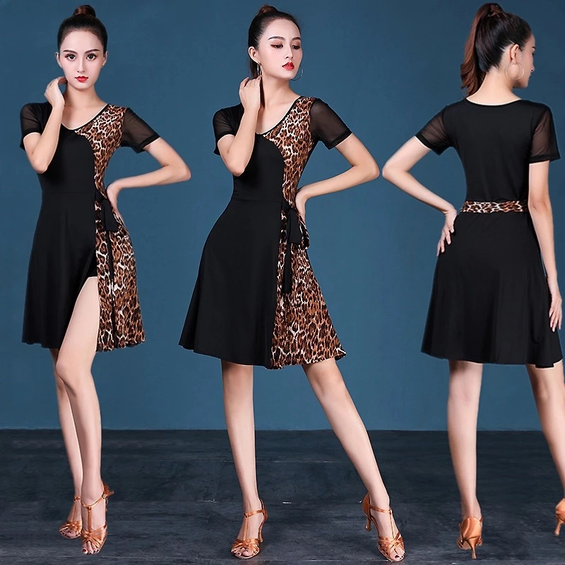 女性拉丁舞演出服装春夏豹纹修身练功连衣裙时尚设计