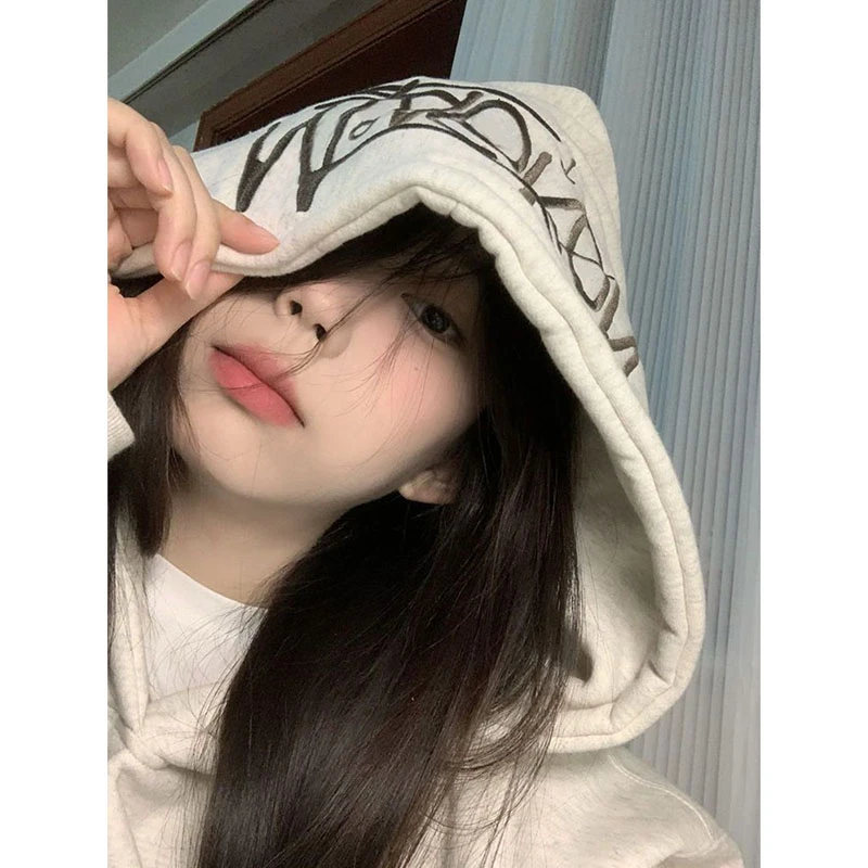 高级感超好看字母刺绣连帽加绒卫衣女秋冬小个子宽松加厚情侣外套