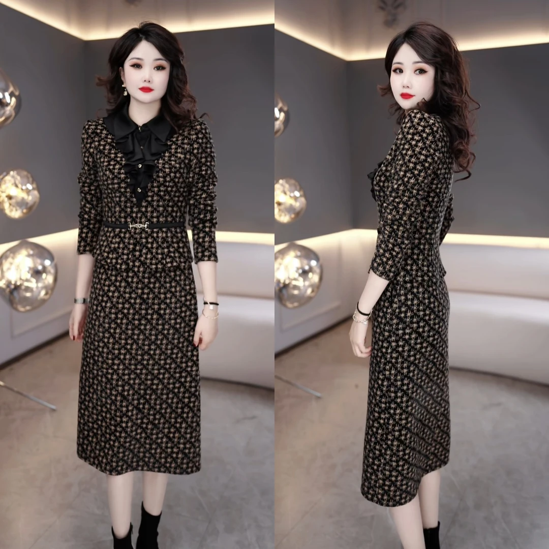 2024年冬季减龄显瘦时尚气质休闲遮肚中长款假两件连衣裙M-4XL