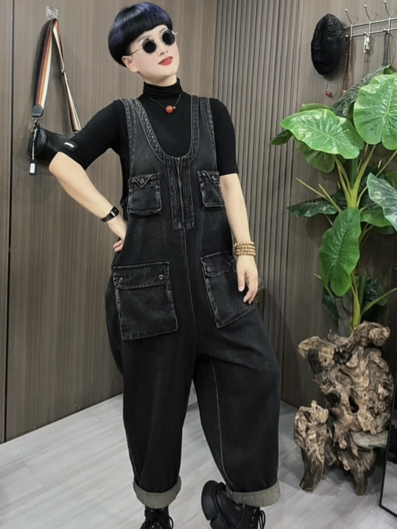 早秋款做旧炒色减龄时尚休闲宽松无袖V领九分牛仔连体裤