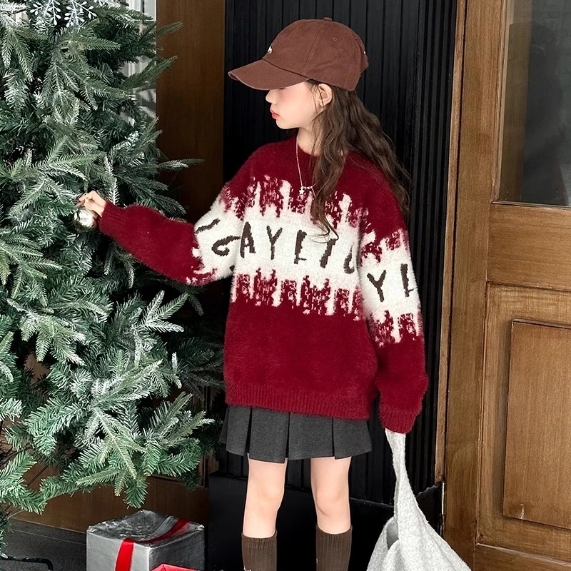 女童毛衣秋冬2025新款大童打底针织儿童冬季圣诞加厚红色拜年上衣