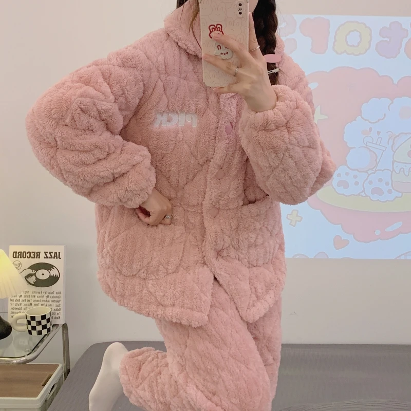 冬季家居服冬季加厚加绒珊瑚绒夹棉少女孩可爱卡通睡衣家居服保暖