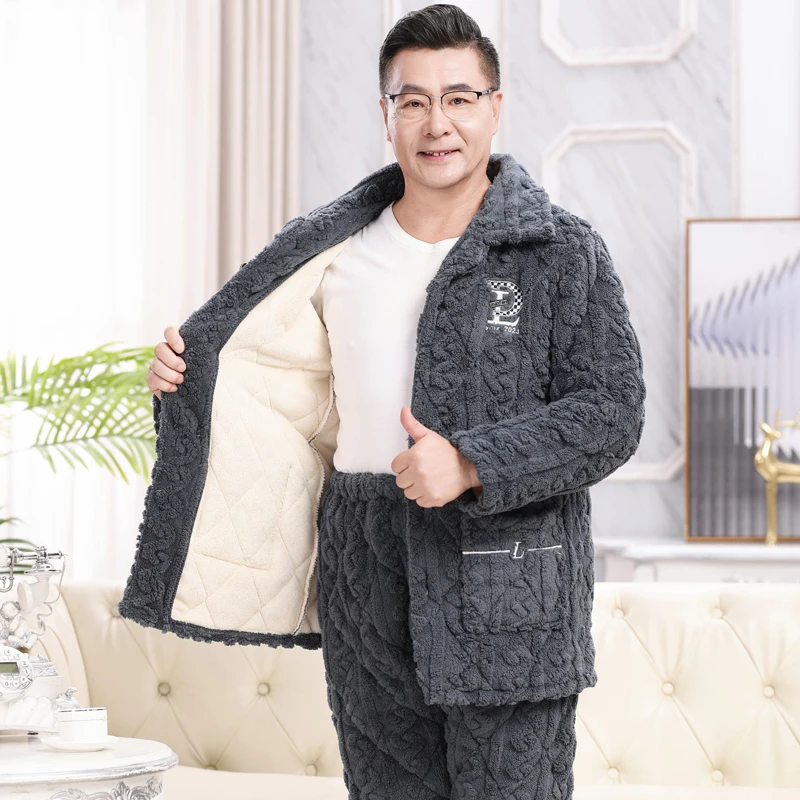 睡衣男士秋冬季三层加厚加绒珊瑚绒夹棉中老年保暖爸爸家居服套装