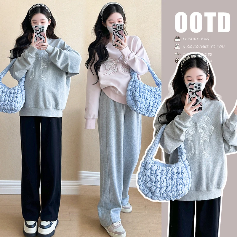 孕妇卫衣秋装圆领新款甜美减龄套头小个子宽松秋冬季休闲长袖上衣