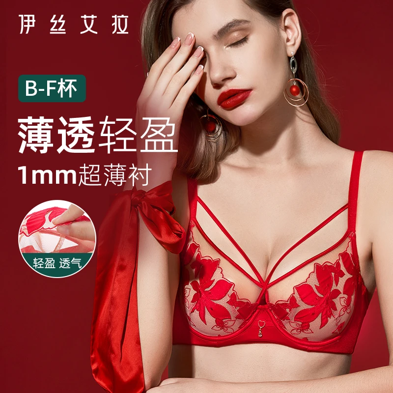 伊丝艾拉轻薄贴花刺绣网纱性感蕾丝大码女显瘦法式内衣薄款文胸