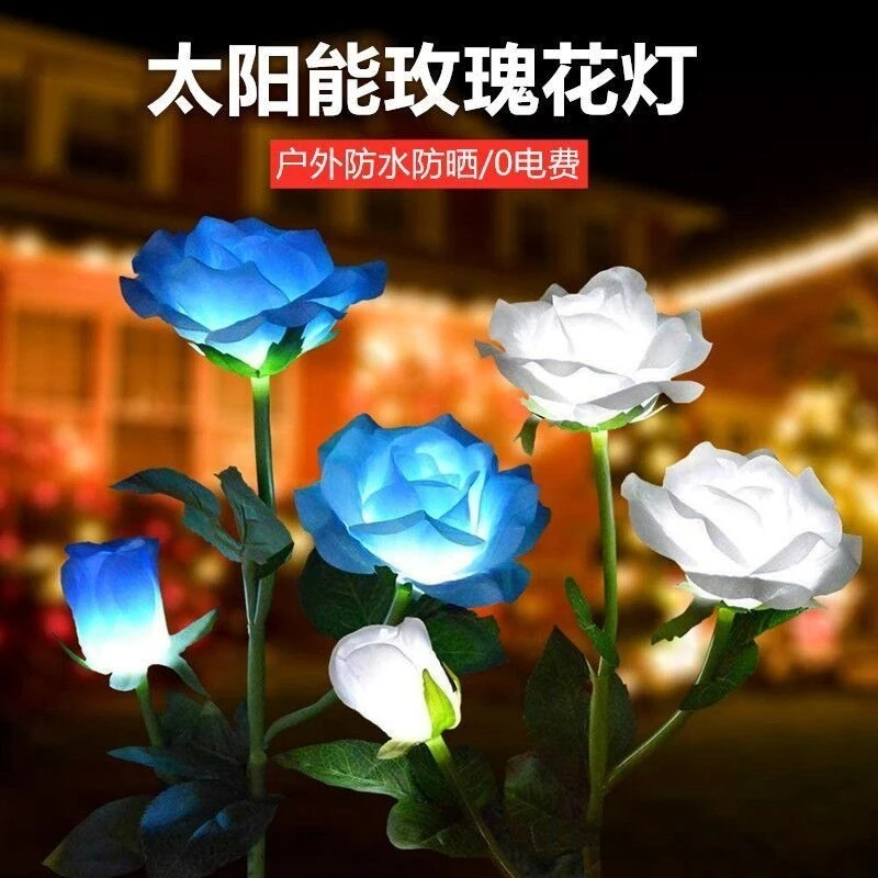 新款户外太阳能花灯3头玫瑰花庭院花园灯地插草坪灯装饰端景灯