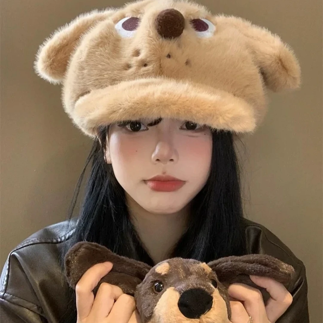 【帽味】愤怒小狗毛茸茸耳朵贝雷帽女秋冬暖棕色毛绒大版棒球帽子