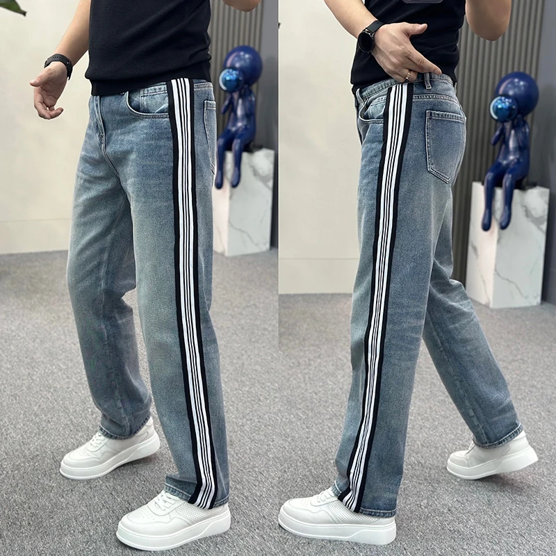 男士条纹阔腿牛仔裤春秋新款水洗蓝色休闲裤潮流百搭宽松直筒裤子
