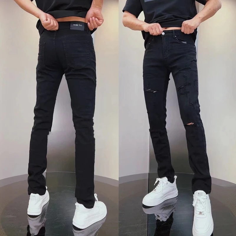 春秋新款潮流高街痞帅黑色破洞牛仔裤男修身弹力百搭小直筒休闲裤