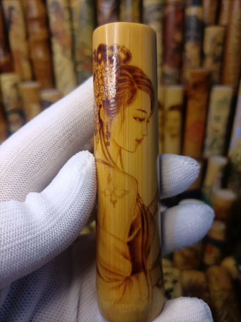 文玩实心玉竹手把件手工古典烙画美女把件 一物一拍