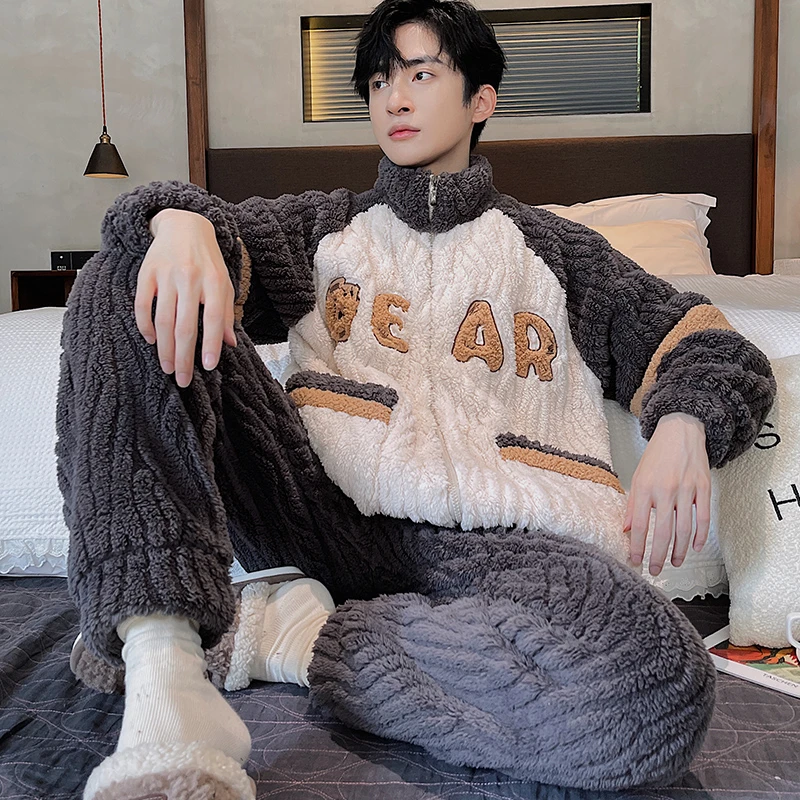 睡衣男秋冬季珊瑚绒加绒大码男生套装冬天加厚外穿居家保暖家居服