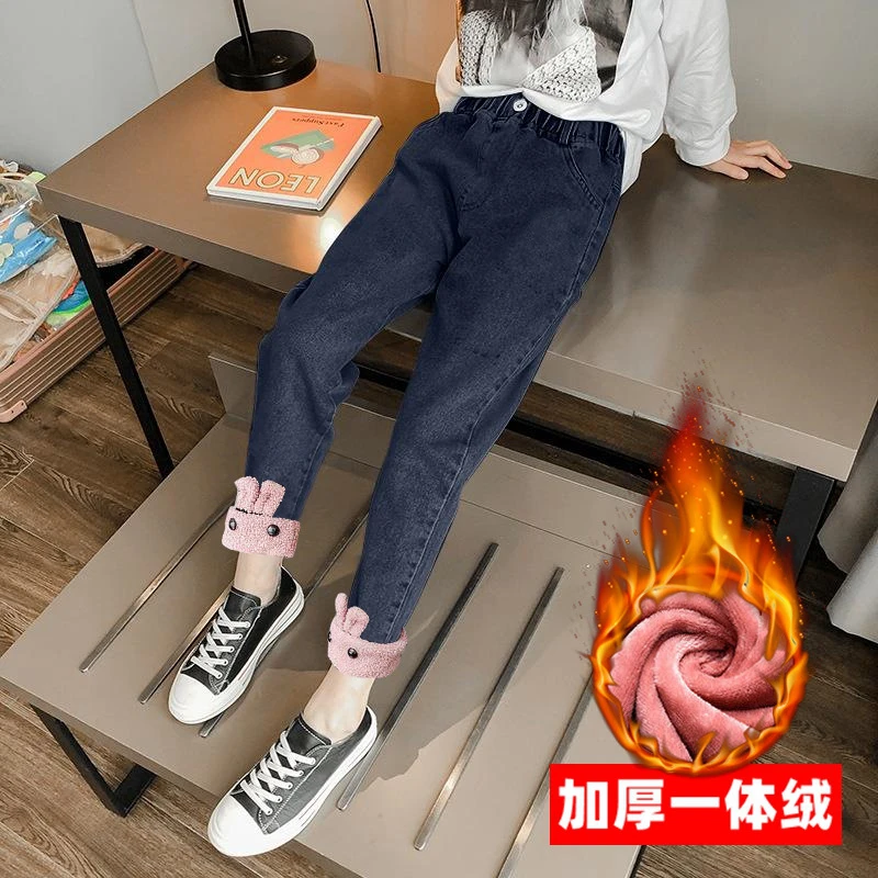 女童冬季一体加绒牛仔裤修身宽松秋冬保暖女孩中大童加厚牛仔长裤