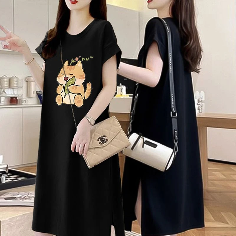 胖mm大码长款短袖T恤连衣裙女2024夏季新款韩版宽松网红半袖上衣