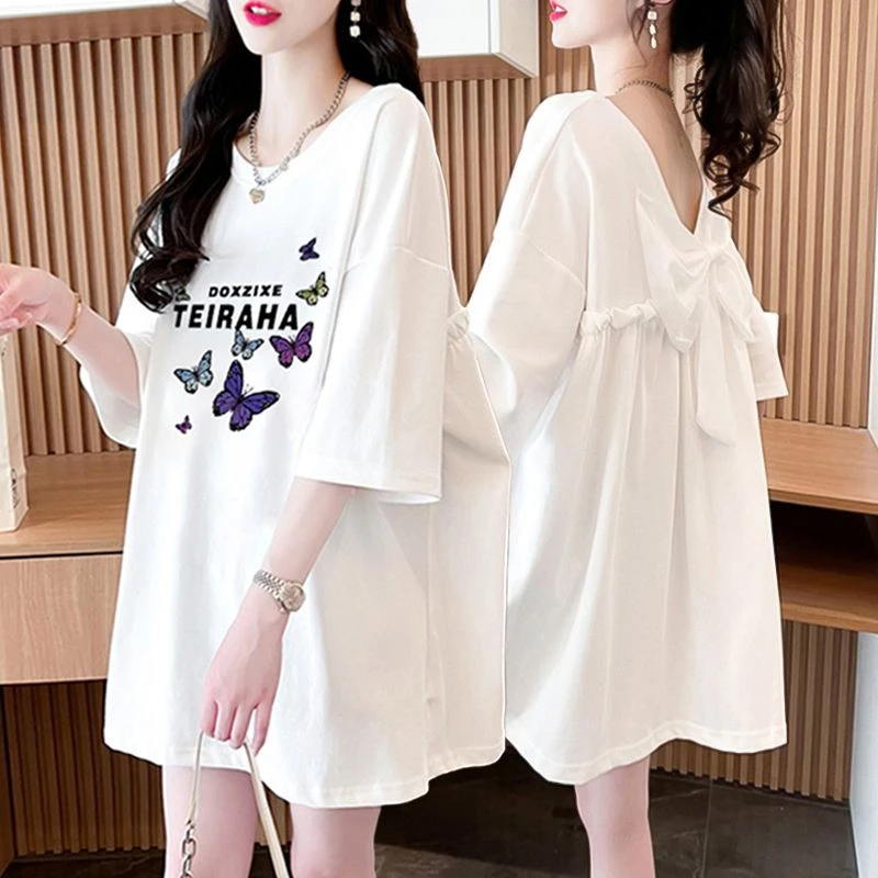 休闲宽松纯棉百搭蝴蝶结拼接短袖T恤女2024夏季新款中长款上衣服