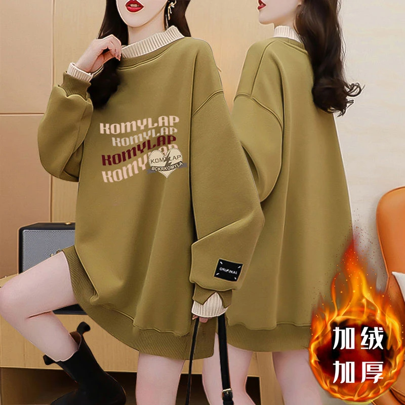 休闲百搭网红大码加绒加厚半高领卫衣女冬季新款韩版中长款上衣服