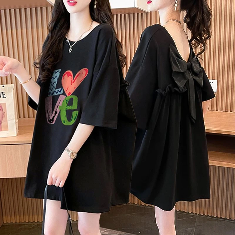 胖mm大码露背设计感蝴蝶结拼接纯棉短袖T恤女夏季新款中长款上衣