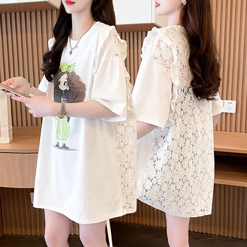 蕾丝镂空设计感网红洋气减龄纯棉短袖T恤女夏季韩版中长款上衣潮