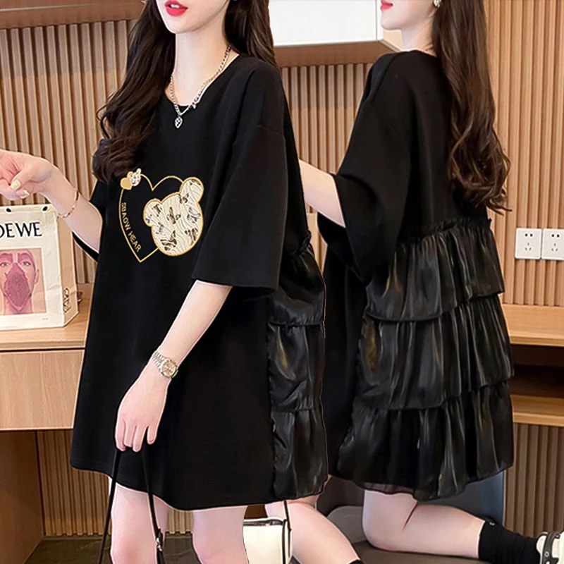 胖mm大码纯棉显瘦设计感夏季连衣裙短袖T恤女韩版中长款半袖上衣