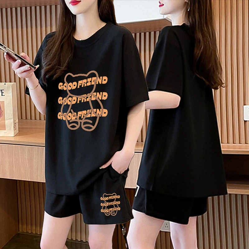 纯棉胖mm大码夏季运动套装女2024新款网红时尚短袖T恤短裤两件套