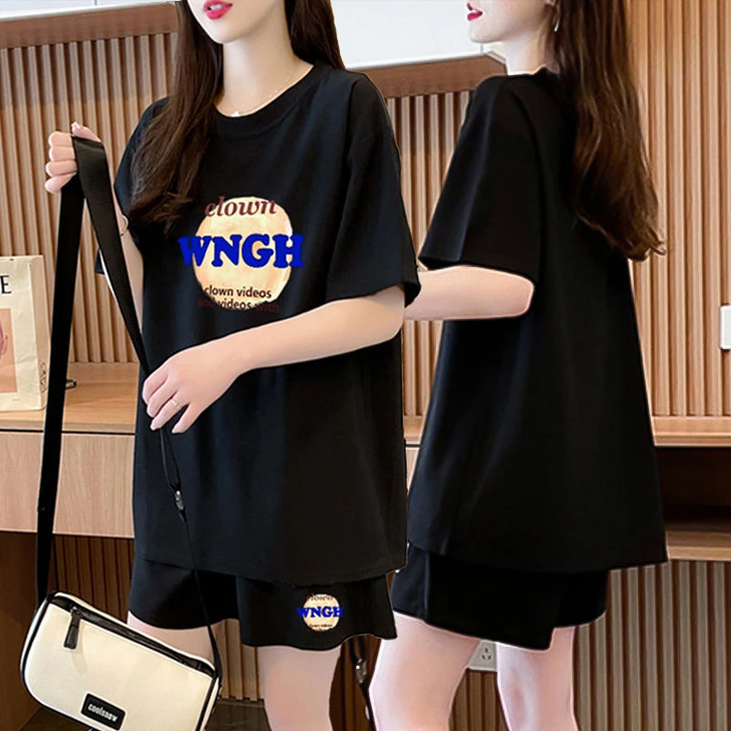 网红洋气减龄纯棉胖mm大码显瘦运动套装女夏季韩版短袖短裤两件套