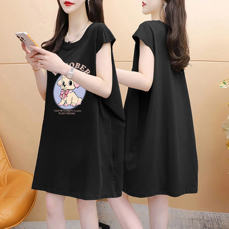 胖mm大码显瘦纯棉无袖背心T恤女夏季2024新款韩版宽松中长款上衣