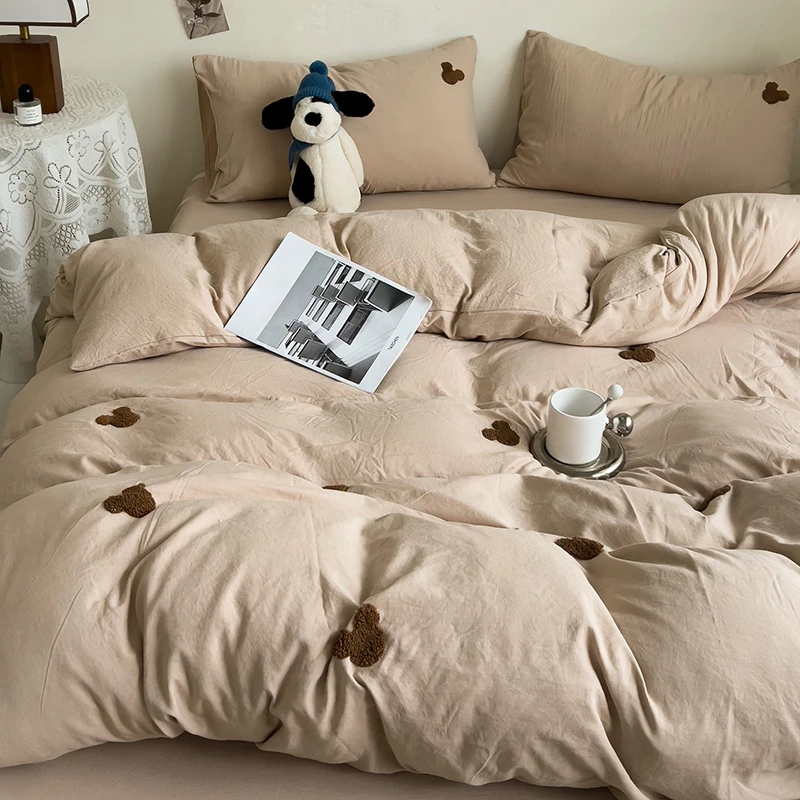 ins纯色家用款可爱四件套超柔裸睡毛巾绣被套床单宿舍床上三件套4