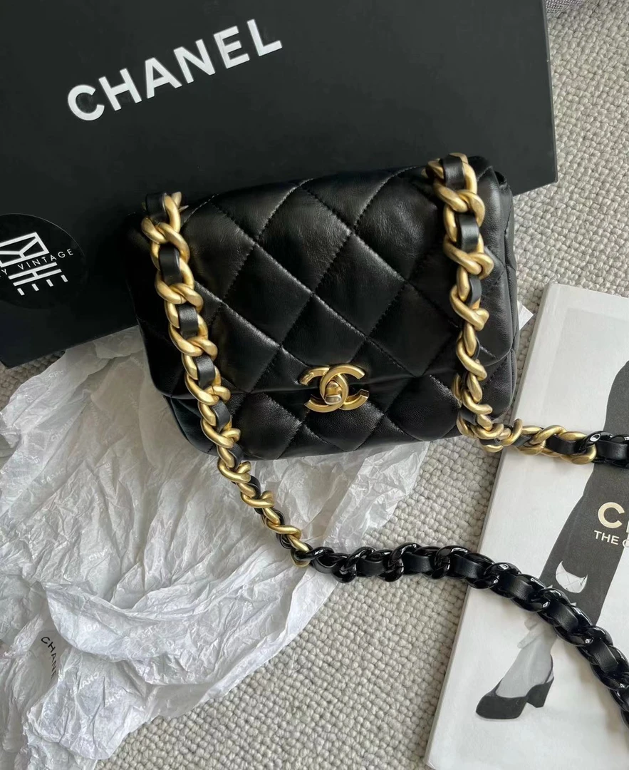 99新 Chanel/香奈儿 黑金粗链条方胖子包 芯片款 18cm 8768147