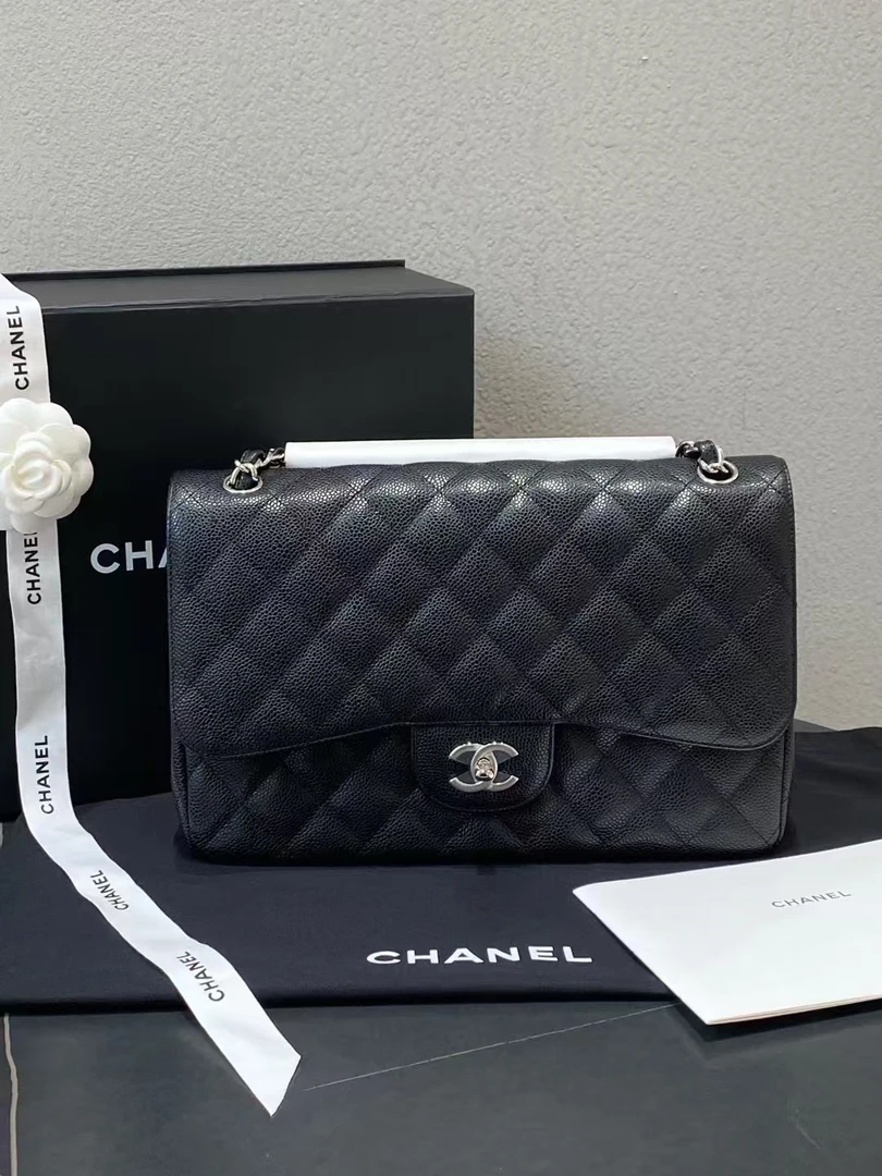 95新 Chanel/香奈儿  黑银荔枝皮cf jumbo包 30cm 6782763