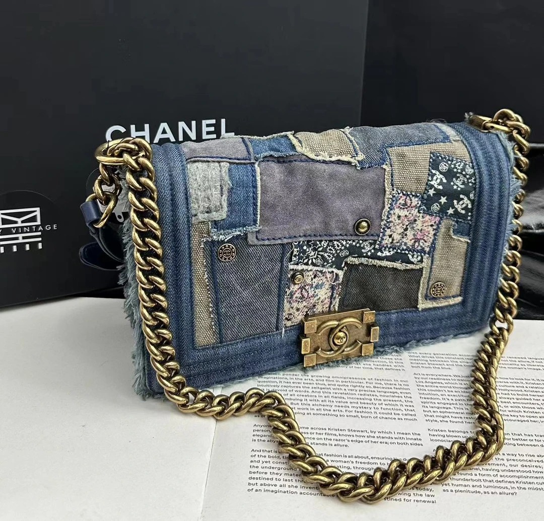 95新 黑黑中古/ Chanel 牛仔拼接百家布leboy 包中号 6523559