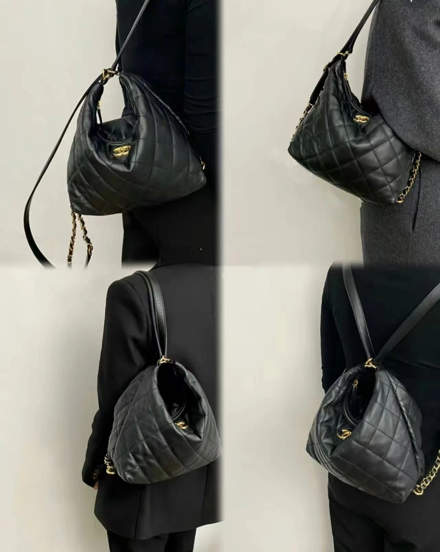 全新未使用  Chanel 22b黑金嬉皮hobo双肩单肩腋下包25cm 7903166