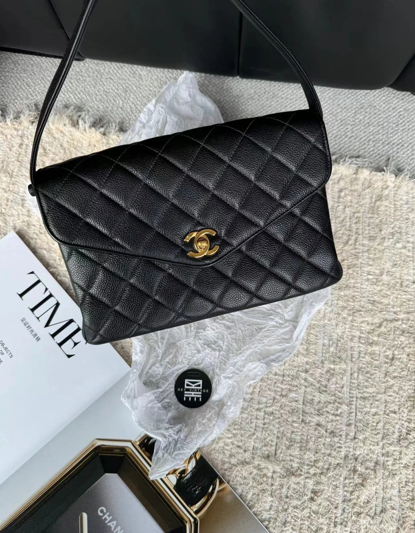 95新 Chanel/香奈儿 黑金鱼子酱信封手提 Kelly包  25cm 9270628
