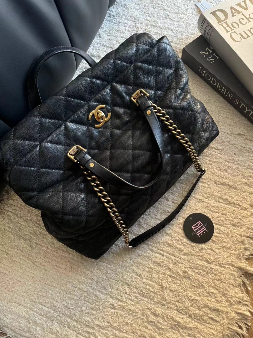 95新 Chanel/香奈儿 黑金鱼子酱手提托特包 35cm 10523819