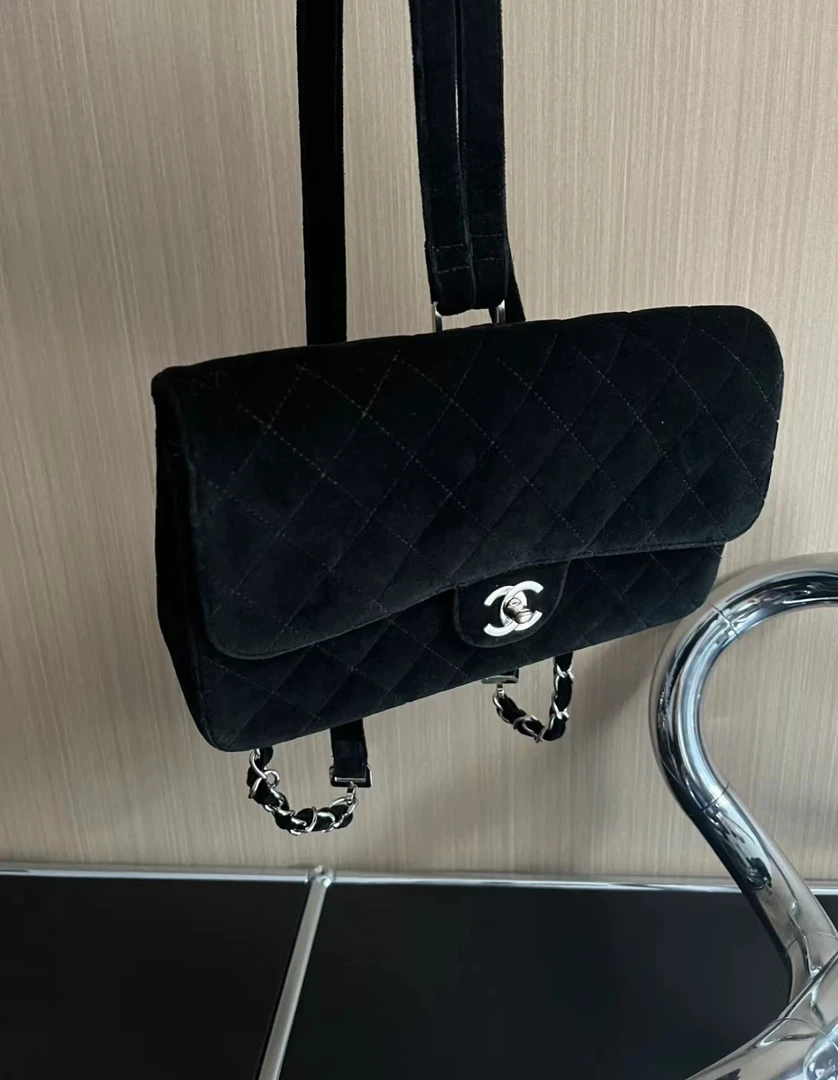 95新 Chanel/香奈儿  中古高稀黑银丝绒cf双肩包 26cm 7999536