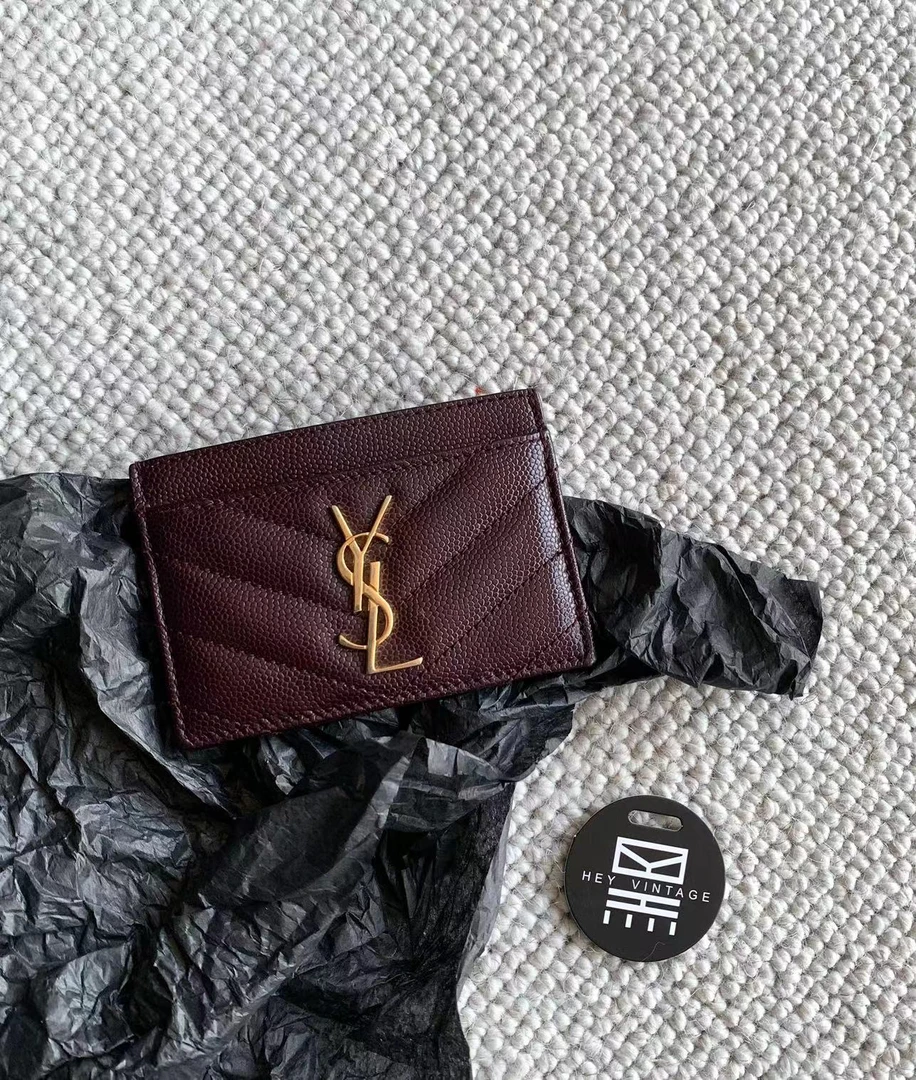 95新 YSL/圣罗兰 酒红色金扣卡包 9012805