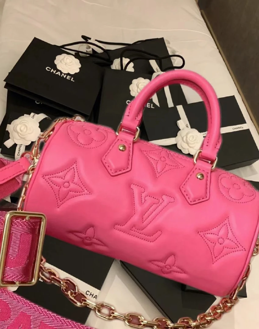 99新  黑黑中古/lv 粉色压纹巴比龙包 20cm 8203696