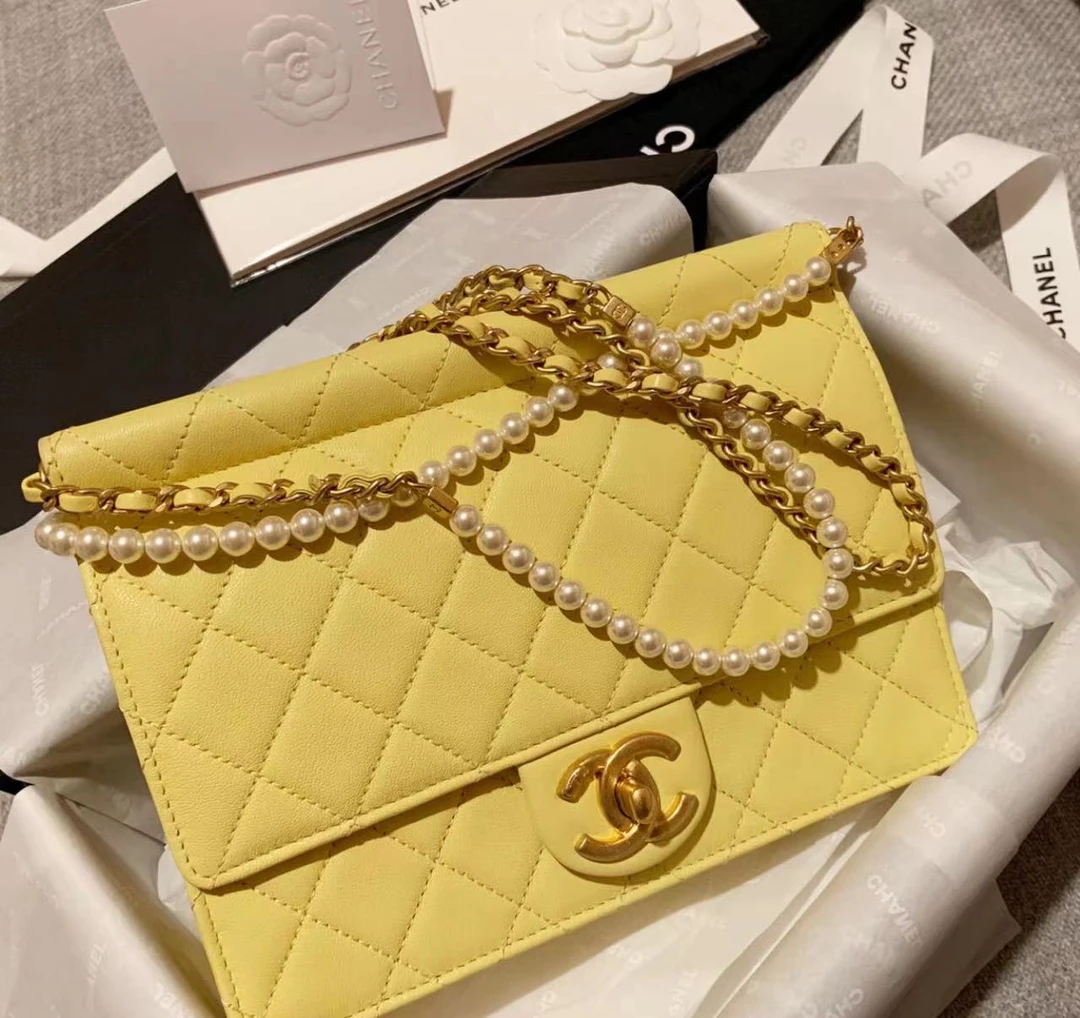 95新 Chanel/香奈儿 小鸡黄珍珠链条包 21cm 9282281