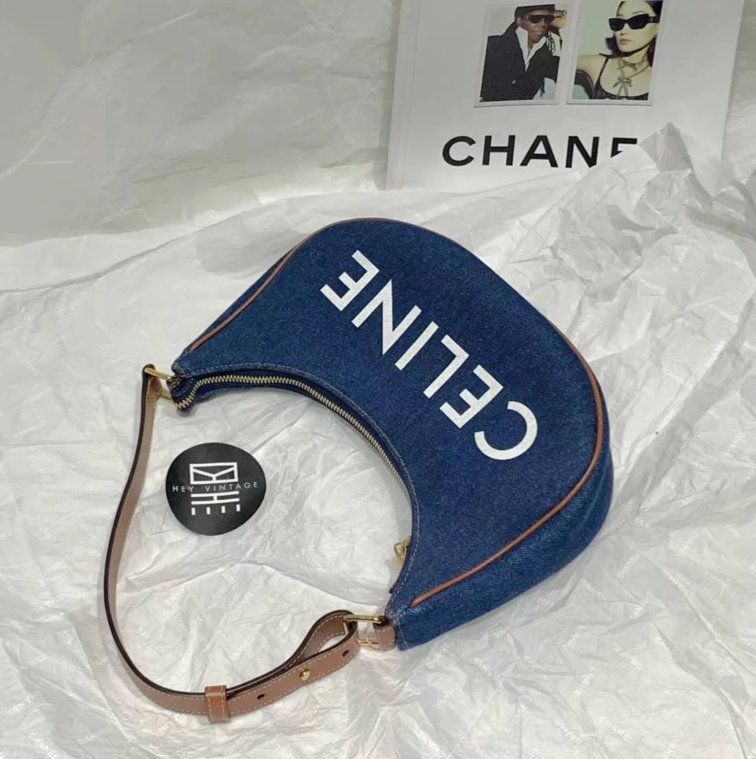 95新  黑黑中古/ Celine 牛仔豌豆月牙包 25cm 5495988