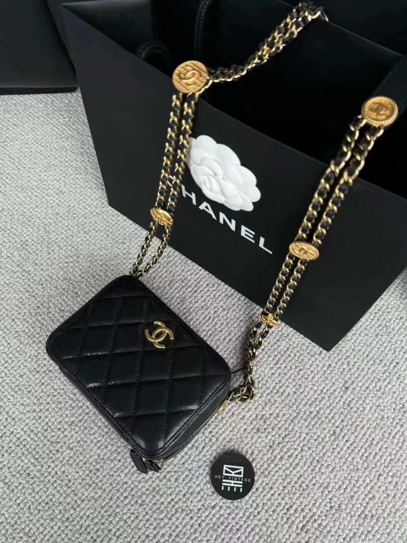 99新 Chanel/香奈儿 黑金金币鱼子酱相机包 14cm 9328676