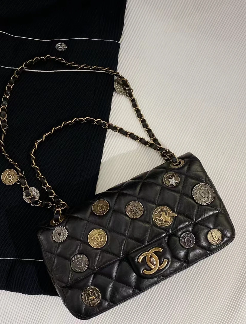 95新 Chanel/香奈儿 黑金钱币徽章限定cf中号包 6770389