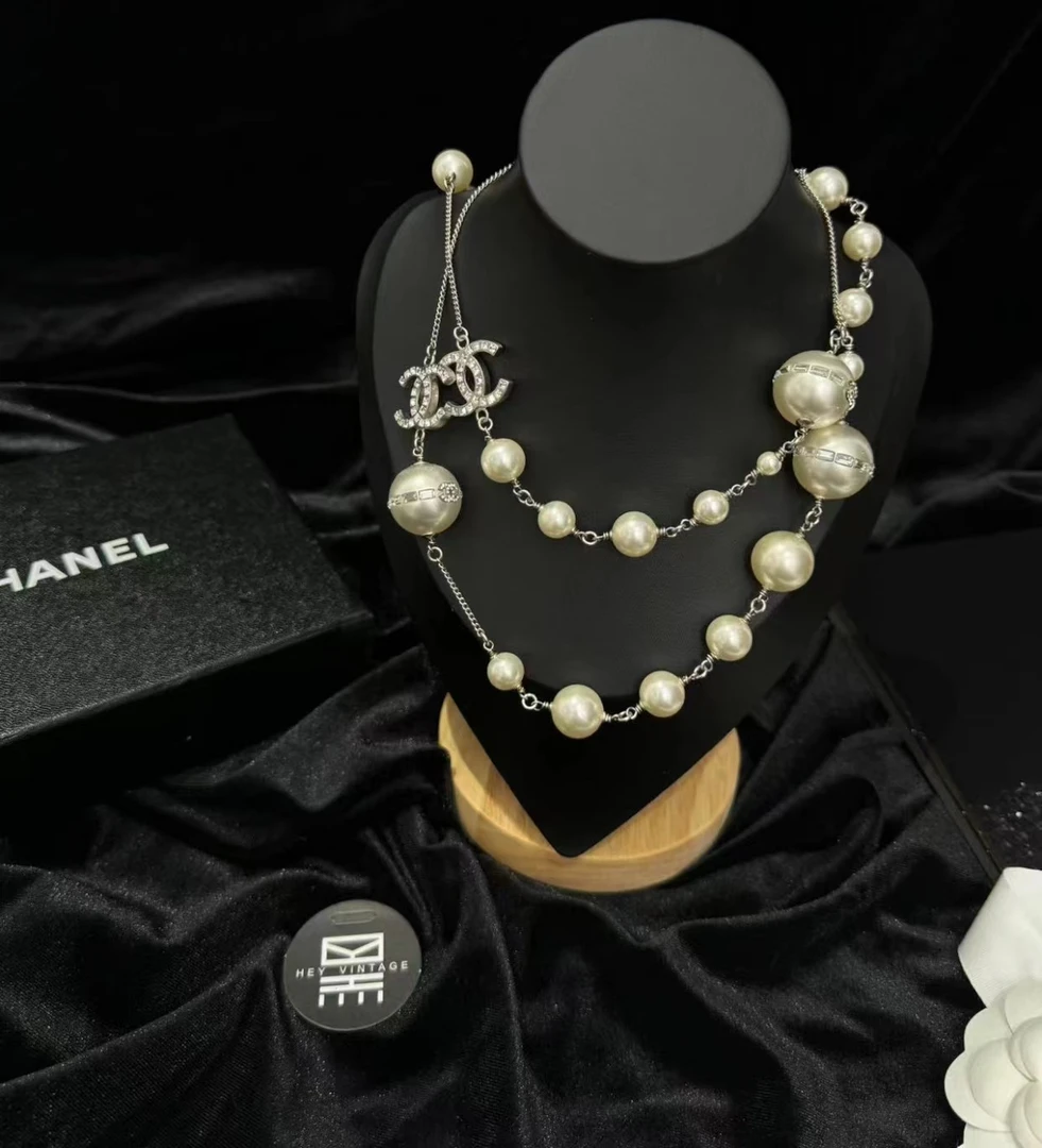 99新 Chanel/香奈儿 银色大小双c珍珠毛衣链项链 全套 9275319