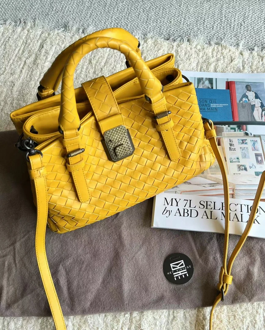 95新 BOTTEGA VENETA/葆蝶家 bv 黄色编织罗马手提包  9215835