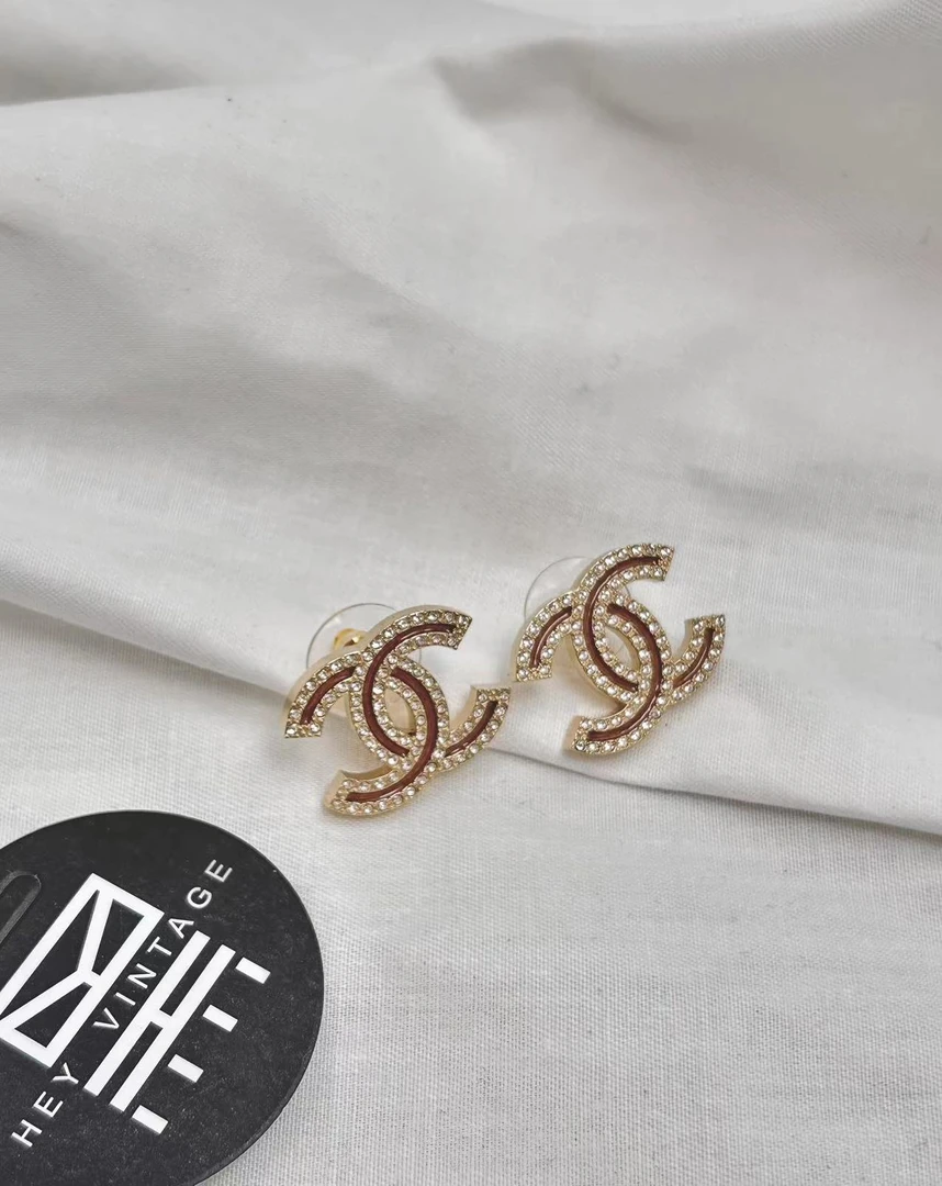 95新 黑黑中古/chanel 珐琅钻钻双C耳钉 6666611