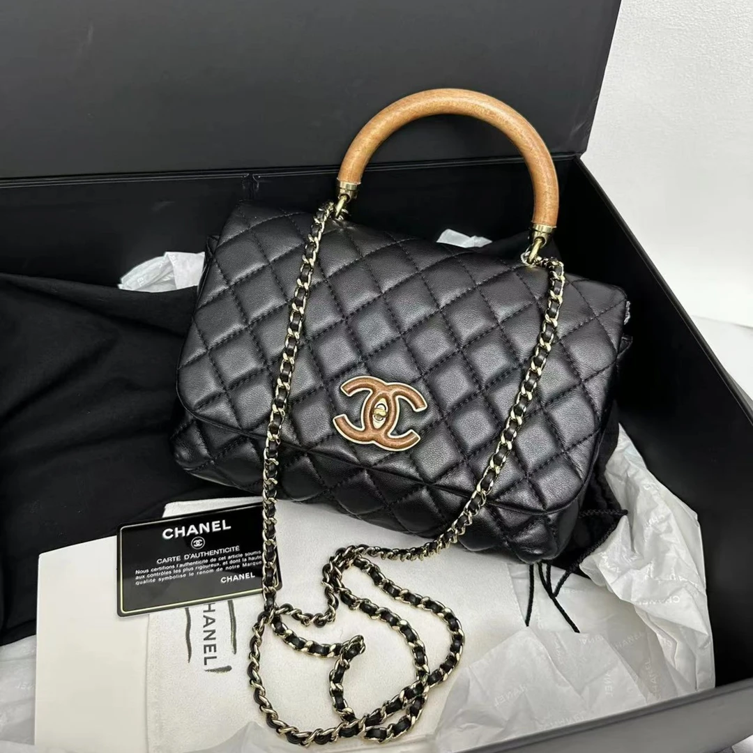 95新  CHANEL 黑金木纹手柄CoCo handle包 26开有卡 20cm 4878982